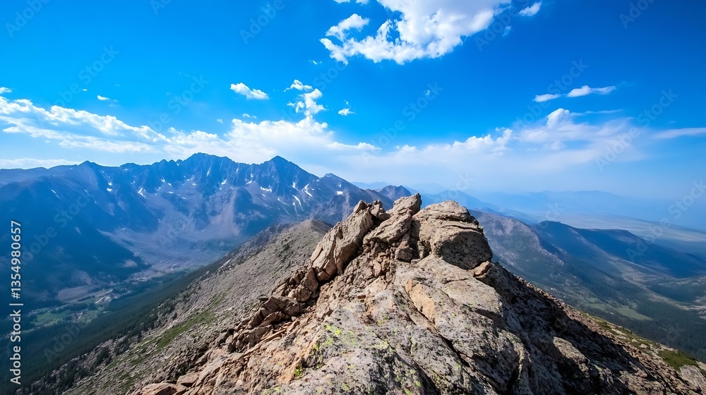 Fototapeta premium Breathtaking panoramic view from a mountain summit showcasing rugged peaks and expansive sky under natural light : Generative AI
