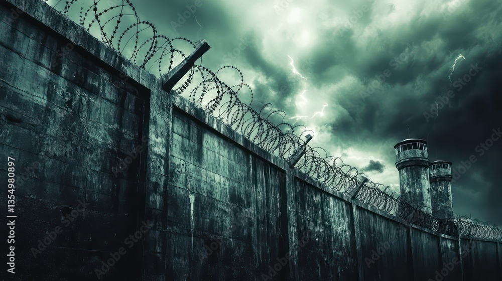Fototapeta premium Dark Stormy Wall Barbed Wire Fence