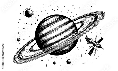 ringed planet with satellite in space black vector engraving