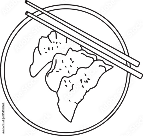 Dumpling plate with chops Chinese new year graphic element Outline vector illustration Hand drawn line art