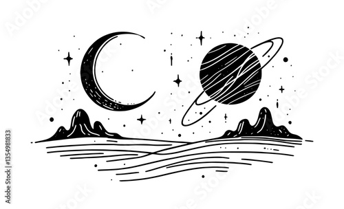 cosmic landscape with moon and ringed planet black vector line art