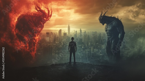 A solitary man stands on the edge of a desolate urban landscape, confronted by two massive, monstrous beings. The scene contrasts fiery and dark energies, portraying an intense fantasy conflict
