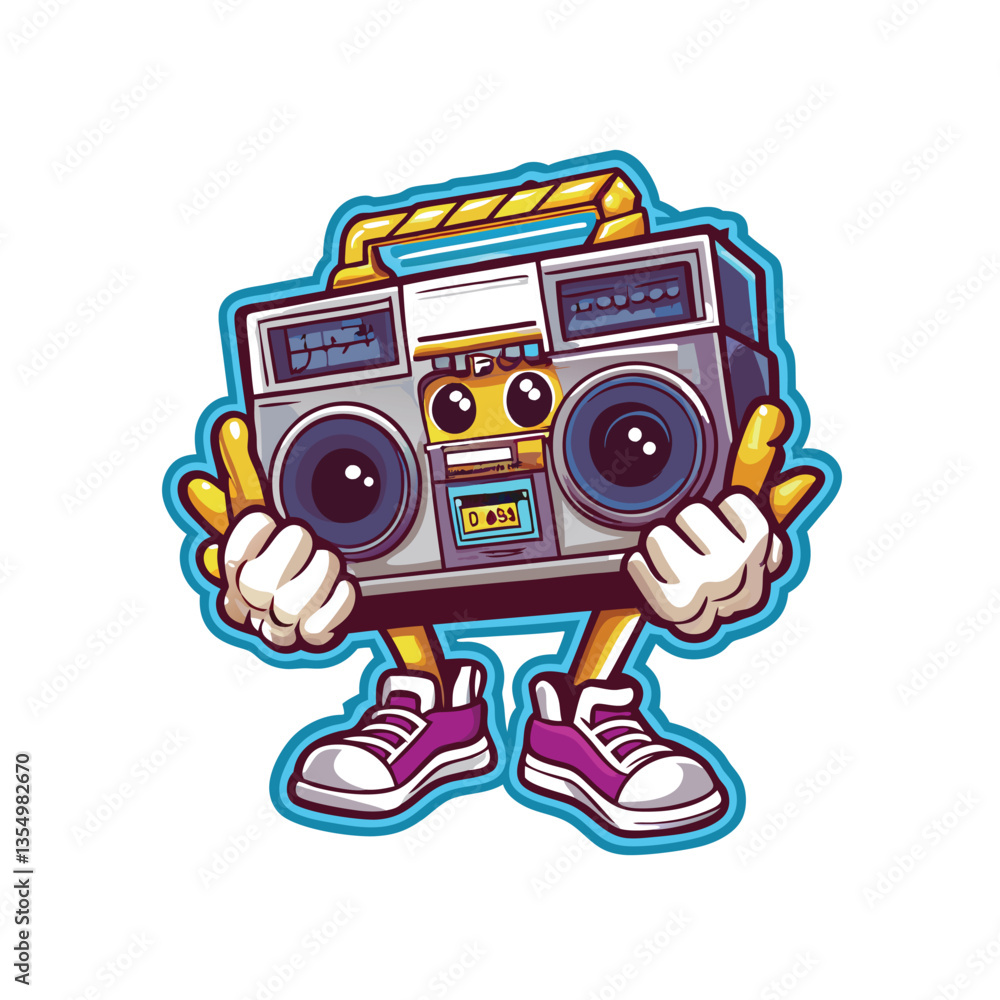 Retro 80s cartoon cassette tape character smiling, holding a boombox, vibrant colors, pixel art style, fun, cheerful. Retro 80s cartoon cassette tape character smiling, holding a boombox, vibrant colors, pixel art style, fun, cheerful.