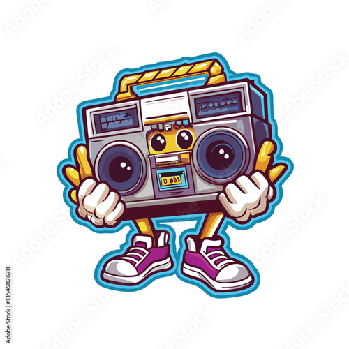 Retro 80s cartoon cassette tape character smiling, holding a boombox, vibrant colors, pixel art style, fun, cheerful.