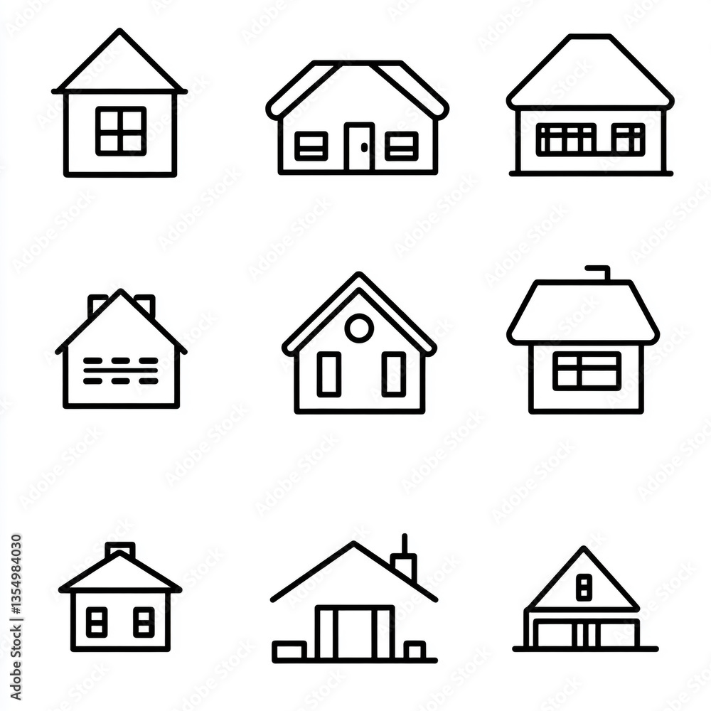 Collection of nine simple house outline icons arranged in a three by three grid pattern on white Collection of nine simple house outline icons arranged in a three by three grid pattern on white