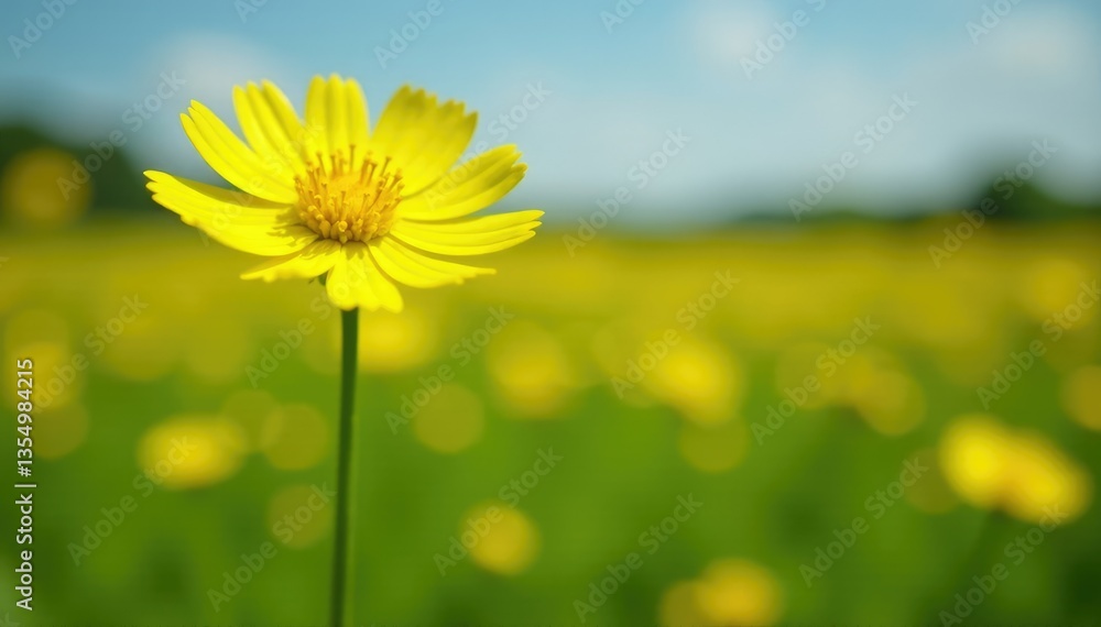 Bright yellow flower blooming on a stem in a field of ragwort, field, oxford ragwort, garden Bright yellow flower blooming on a stem in a field of ragwort, field, oxford ragwort, garden