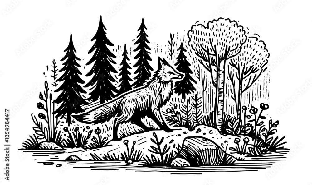 fox standing in forest black vector sketch fox standing in forest black vector sketch