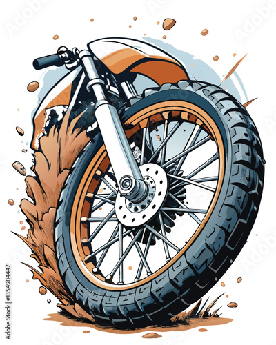 Close-up shot of a dirt bike's front wheel in motion, showcasing tire treads, suspension, and speed.  Focus on dynamic action and detail.