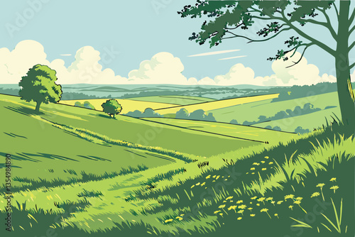 5 Expansive green field, lone tree on horizon, vibrant blue sky, fluffy white clouds, pastoral landscape, serene countryside, wide open spaces, summer day, clear weather, rural scenery, lush grassland