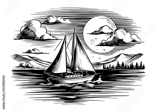 sailboat at night with moon and mountains black vector sketch