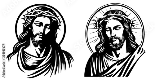 Jesus Christ sacred portraits with halo black vector sketch