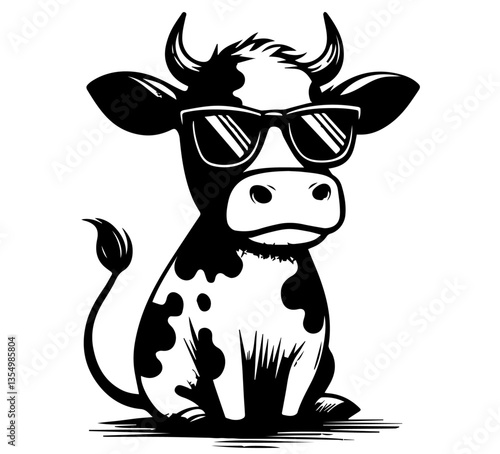 funny cow wearing sunglasses sitting black vector sketch