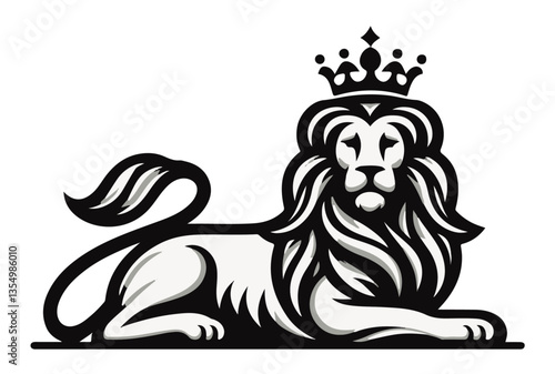 royal lion lying with crown black vector sketch