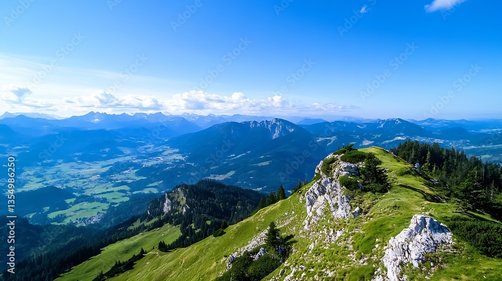 Fototapeta premium Majestic mountain range overlooking a picturesque valley filled with greenery and distant peaks on a sunny day : Generative AI