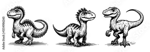 three cartoon dinosaurs standing black vector sketch