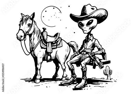 alien cowboy with horse in desert black vector sketch