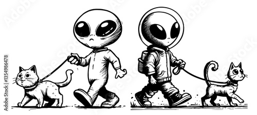 aliens walking cats on leashes black vector sketch