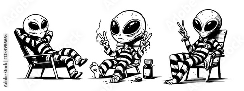 aliens in striped prison outfits relaxing black vector sketch