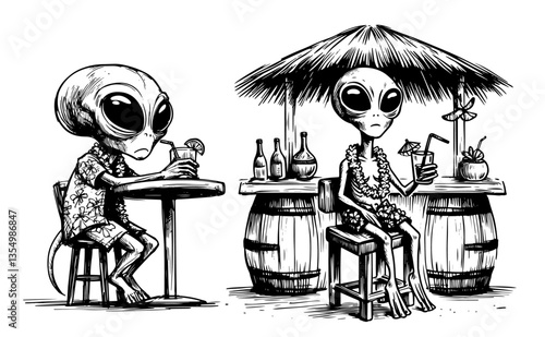 aliens drinking at tropical beach bar black vector sketch