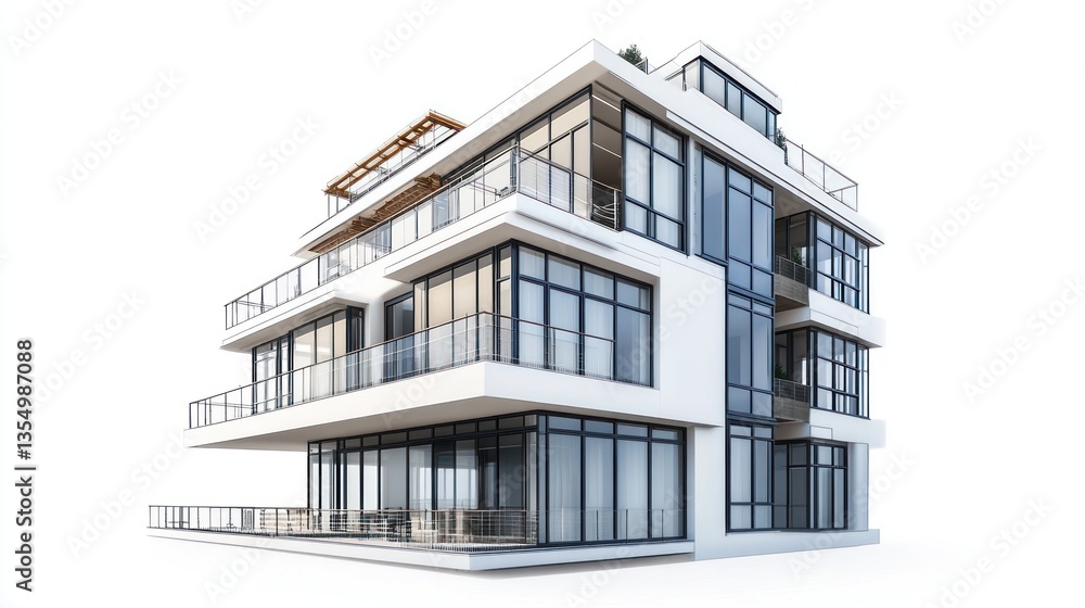Fototapeta premium Modern Apartment Building Exterior, Isolated, Rendered Image, Architectural Design