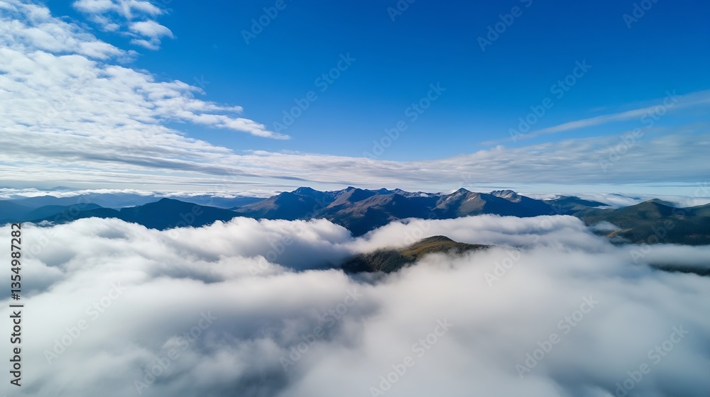 Fototapeta premium Aerial view of mountainous landscape covered in clouds under a bright blue sky : Generative AI