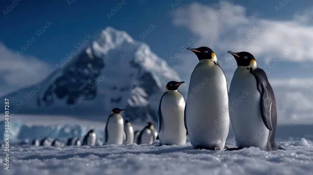 Obraz premium A captivating image of a group of emperor penguins waddling across a snowy landscape, set against a mountain backdrop, reflecting the beauty and resilience of wildlife in a harsh environment.
