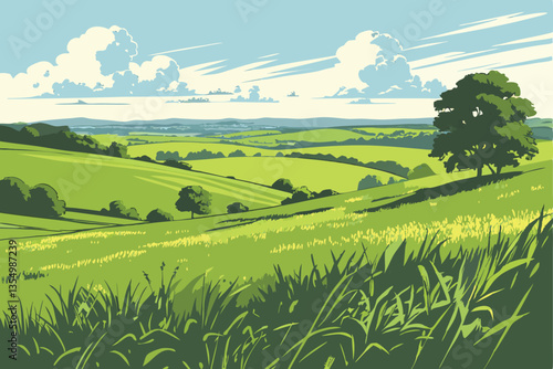 5 Expansive green field, lone tree on horizon, vibrant blue sky, fluffy white clouds, pastoral landscape, serene countryside, wide open spaces, summer day, clear weather, rural scenery, lush grassland
