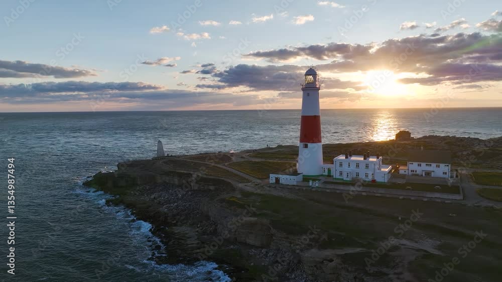 Sunset over Portland Bill Lighthouse from a drone, Portland Bill, Isle of Portland, Dorset, England Sunset over Portland Bill Lighthouse from a drone, Portland Bill, Isle of Portland, Dorset, England