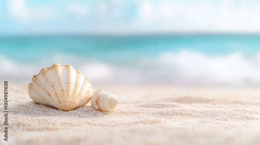 Close up of a beautiful seashell resting on the sandy beach with ocean waves in the background : Generative AI Close up of a beautiful seashell resting on the sandy beach with ocean waves in the background : Generative AI