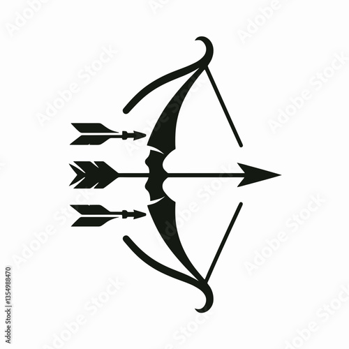  very simple flat and minimalist Bow and Quiver silhouette in black on a white background