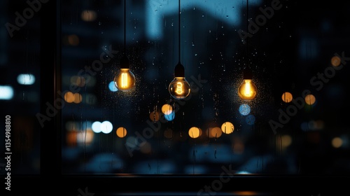 This enchanting image showcases three glowing bulbs suspended in front of a rainy window, creating a cozy atmosphere filled with warm light and beautiful bokeh effects.