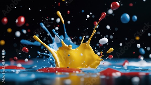 A stunning explosion of vibrant colors captured at the moment of paint splashing, producing a dynamic artistic representation of motion and creativity bursting forth.