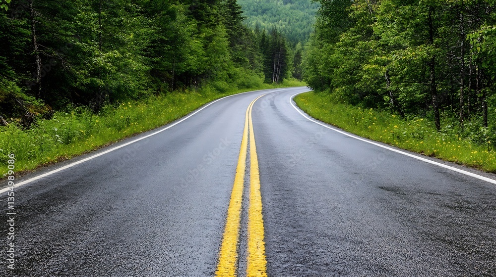 Scenic winding road surrounded by lush trees and greenery in a serene natural landscape : Generative AI Scenic winding road surrounded by lush trees and greenery in a serene natural landscape : Generative AI