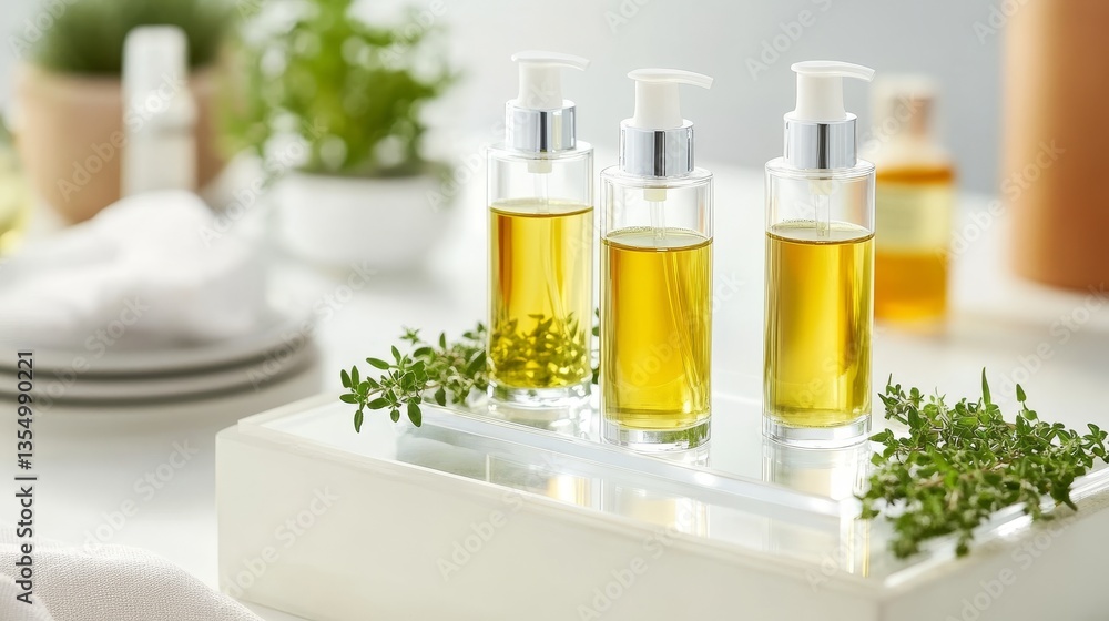 Three elegant glass bottles filled with oil on a reflective surface surrounded by herbs and soft light Three elegant glass bottles filled with oil on a reflective surface surrounded by herbs and soft light