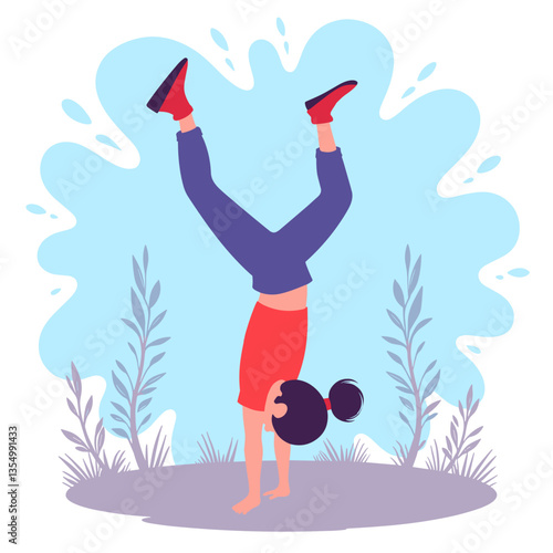 International Youth Day.  Girl performing a handstand joyfully against a colorful backdrop  