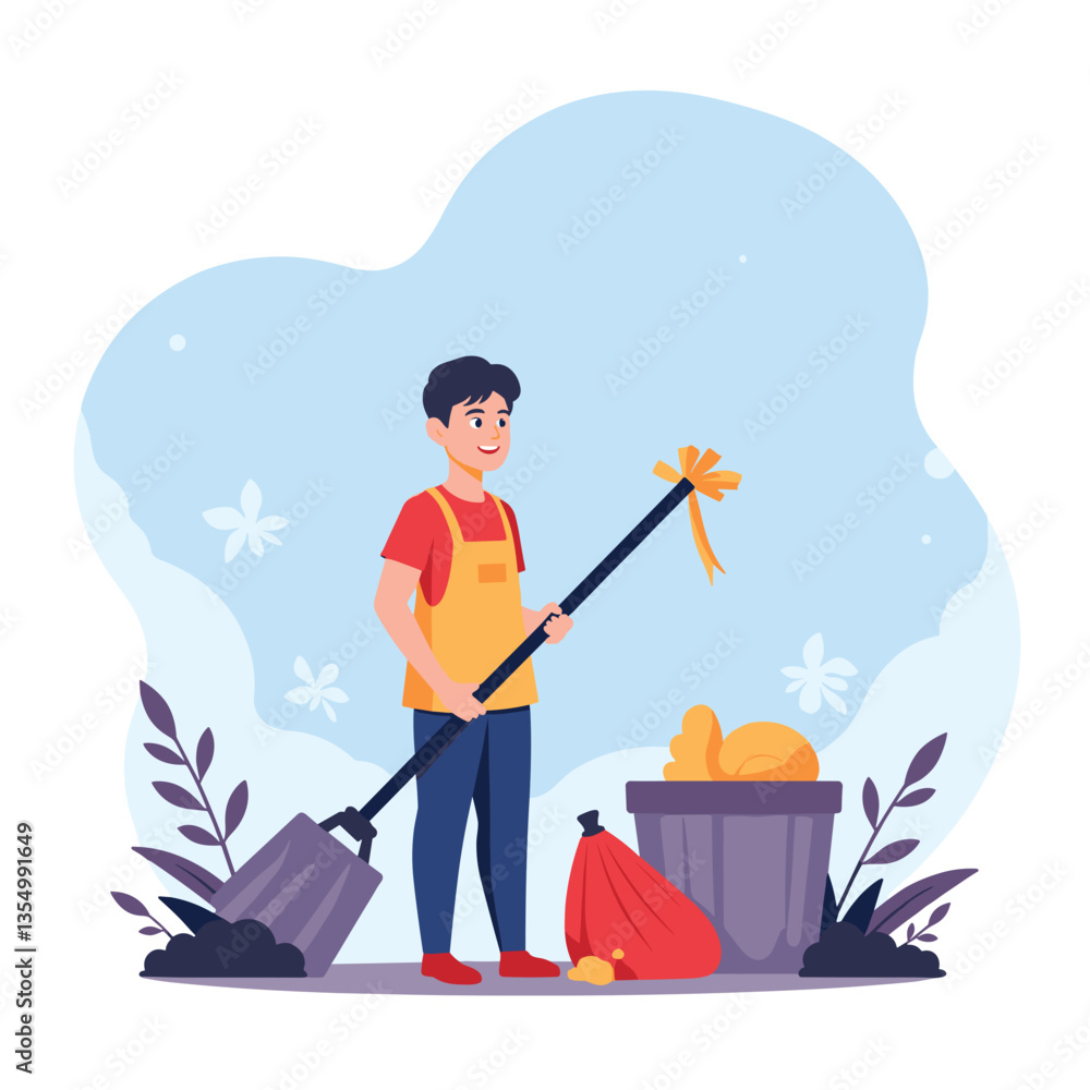 International Youth Day. Young boy cleaning up the environment with a shovel and trash bag International Youth Day. Young boy cleaning up the environment with a shovel and trash bag