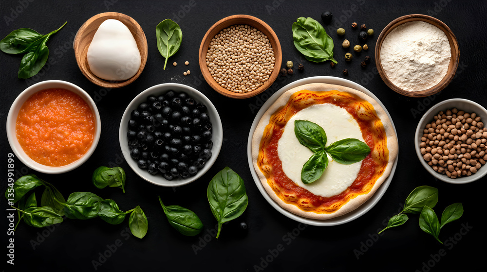 Overhead Shot of Pizza with Various Ingredients on Dark Background Overhead Shot of Pizza with Various Ingredients on Dark Background