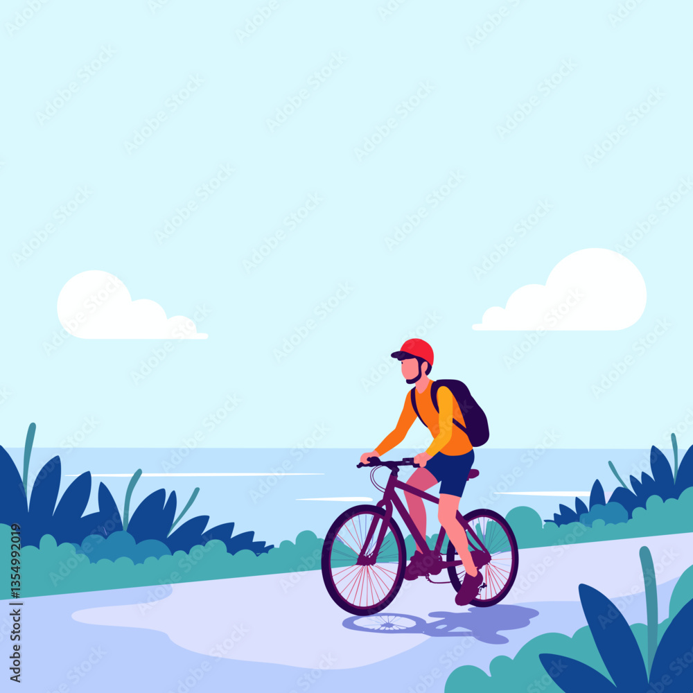 Fototapeta premium World Tourism Day. Young cyclist exploring a scenic pathway by the ocean 