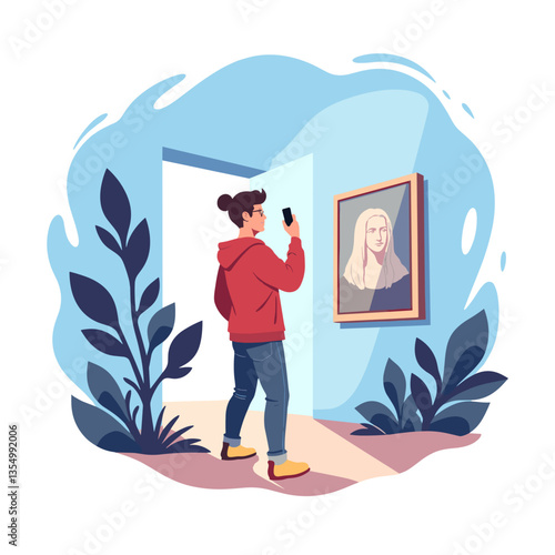 World Tourism Day. Young person admiring art while taking a photo indoors  