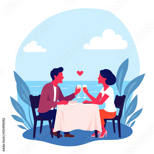 International youth day . Romantic couple celebrating together at seaside restaurant  