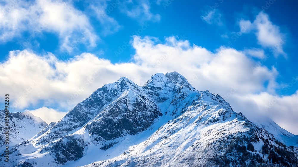 Fototapeta premium Majestic snowy mountain peaks under a bright blue sky adorned with fluffy white clouds : Generative AI