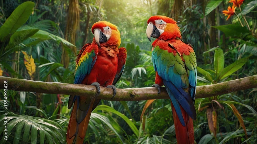 Obraz premium Vibrant Macaws in a Lush Jungle – Ultra HD Wildlife Photography