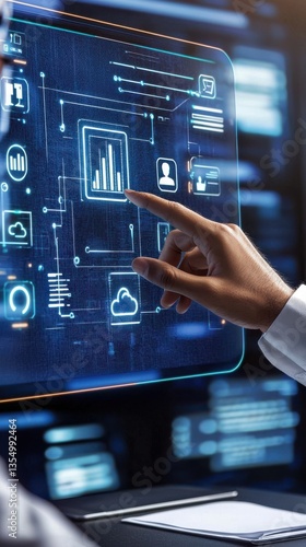 Business professional analyzing cloud migration strategies in a modern office setting.