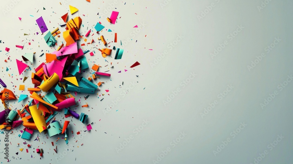 Fototapeta premium Abstract colorful fragments explosion on a light gray background. A dynamic display of vibrant, geometric shapes in various hues, seemingly erupting and scattered across a muted backdrop