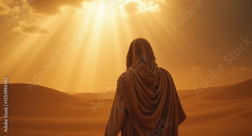 Biblical character on desert. back view of man going to holy lands under the burning sun and dust