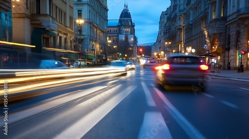 Stunning cityscape at dusk with blurred motion of cars on busy urban street : Generative AI