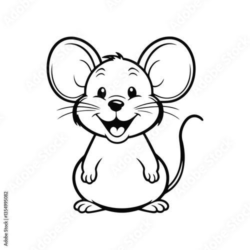 A sleek black and white vector illustration of a happy baby mouse with open arms, ready for a hug on a white background
