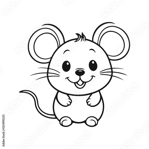 A black and white vector silhouette of a baby mouse with a happy face, its ears perked in excitement on a white background