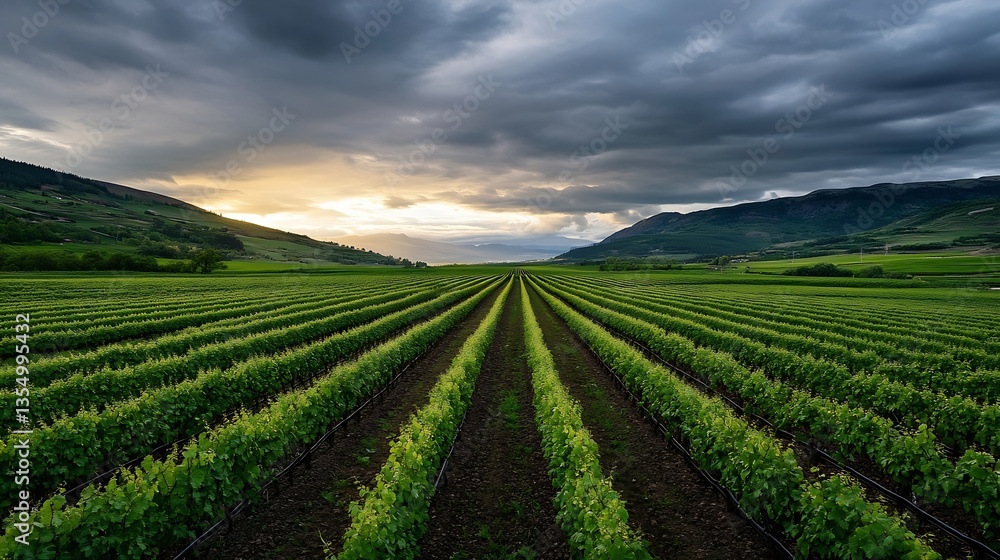 Lush green vineyard landscape under an overcast sky showcasing rows of grapevines in scenic countryside : Generative AI Lush green vineyard landscape under an overcast sky showcasing rows of grapevines in scenic countryside : Generative AI