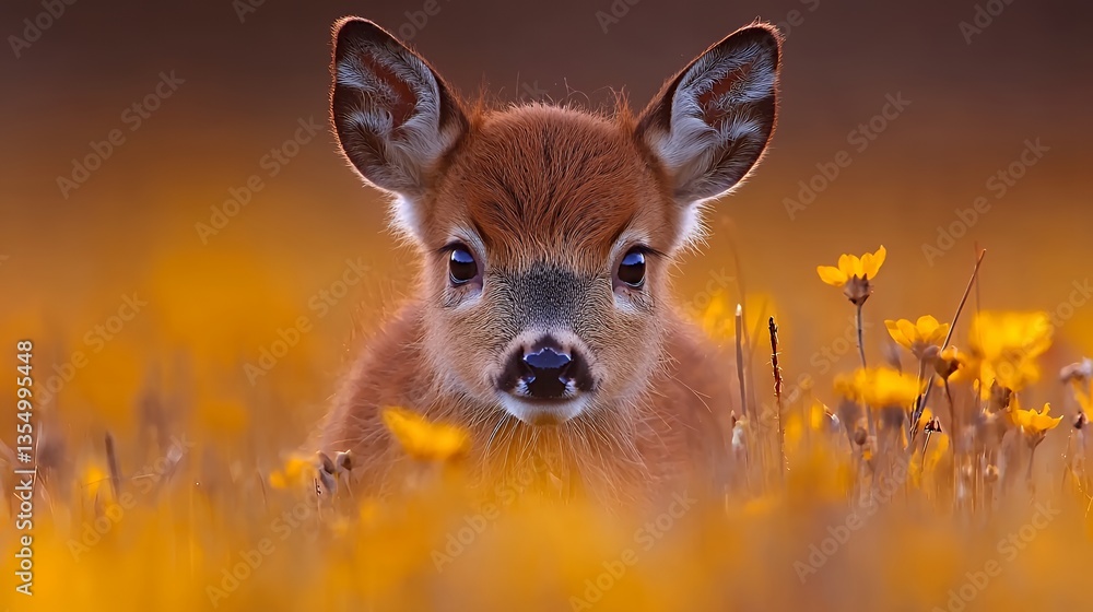 Fototapeta premium Cute Fawn Lying in Yellow Flowers with Orange and Brown Tones, Nature
